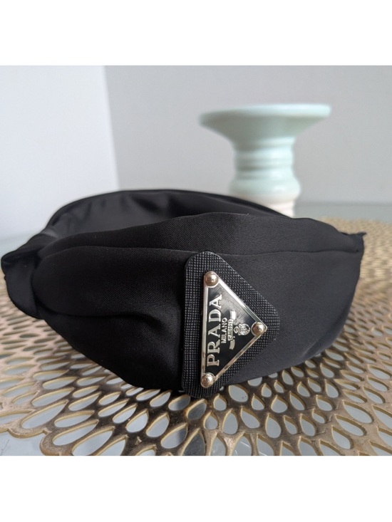 PRADA STYLE Black satin Knotted Headband triangular LOGO